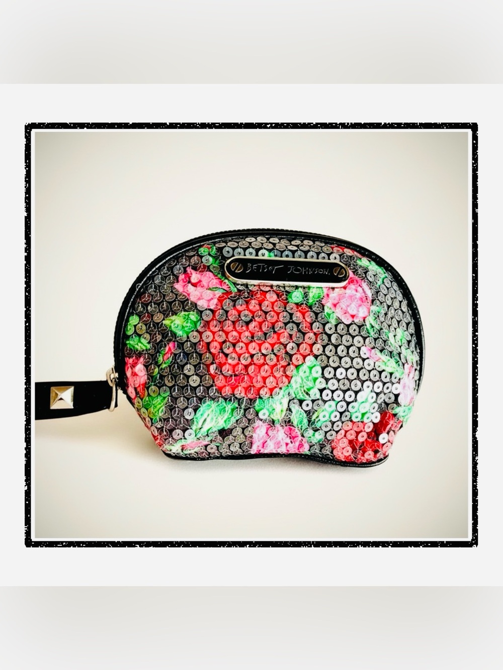 🌹Betsey Johnson Sequin Rose Floral Makeup Bag with Leopard Print Interior